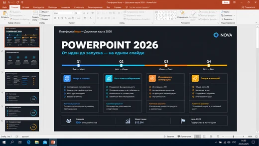 Интерфейс Microsoft PowerPoint 2026 для Windows 10